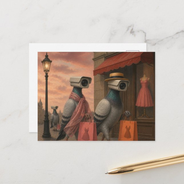 surreal pigeons that became shopping spies postcard (Front/Back In Situ)