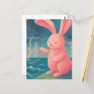 Surreal Pink Bunny Calms the Thunderstorm Postcard