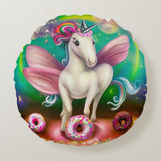 Surreal Pink Donuts Unicorn Round Pillow