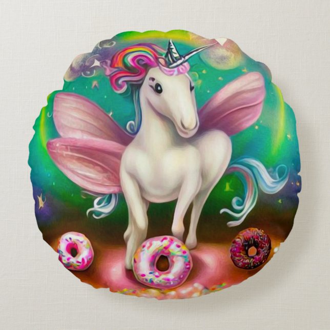 Surreal Pink Donuts Unicorn Round Pillow (Front)
