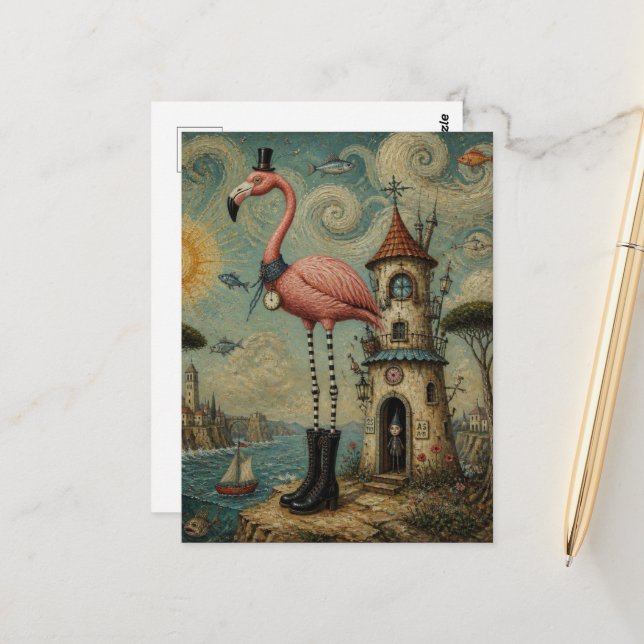 Surreal Pink Flamingo at the Beach Postcard (Front/Back In Situ)