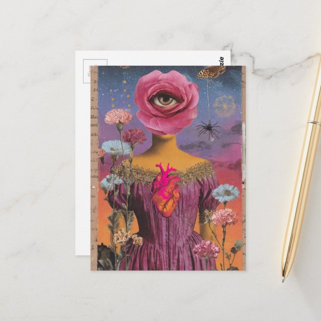 Surreal Pink Flower Lady collage Postcard (Front/Back In Situ)