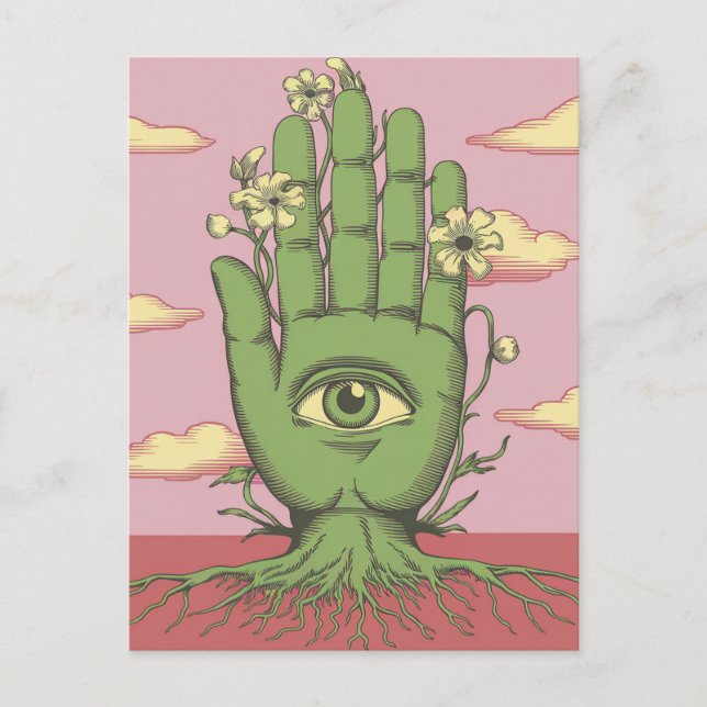 Surreal Pink Sky Gardeners Green Hand  Postcard (Front)
