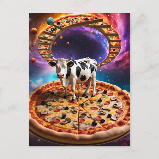 Surreal Pizza Cow Colorful Collage Postcard (Front)