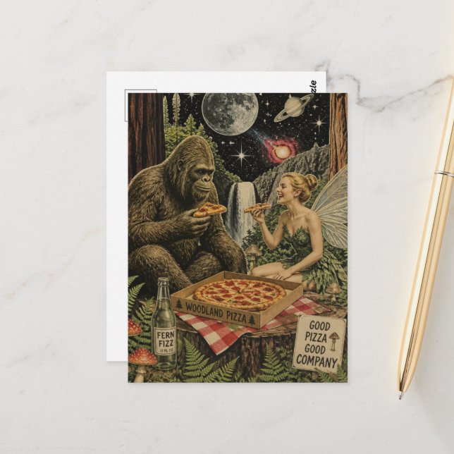 Surreal Pizza Night With Sasquatch and the Fairy Postcard (Front/Back In Situ)