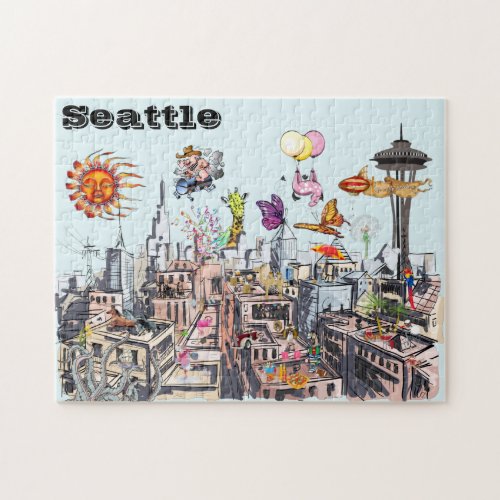 Surreal Pop Art Busy City of Seattle Jigsaw Puzzle