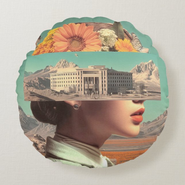 Surreal Portrait with Architectural Landscape Round Pillow (Front)
