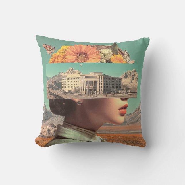 Surreal Portrait with Architectural Landscape Throw Pillow (Front)