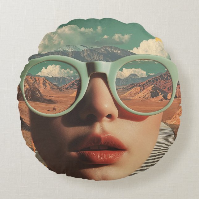 Surreal Portrait With Glasses Reflecting Desert Round Pillow (Front)
