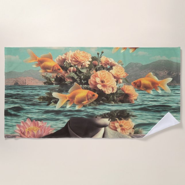 Surreal Portrait With Goldfish Flowers And Ocean Beach Towel (Front)