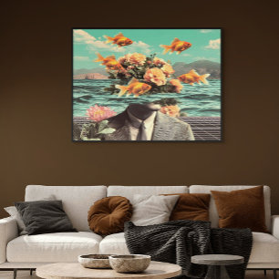 Surreal Portrait With Goldfish Flowers And Ocean Canvas Print