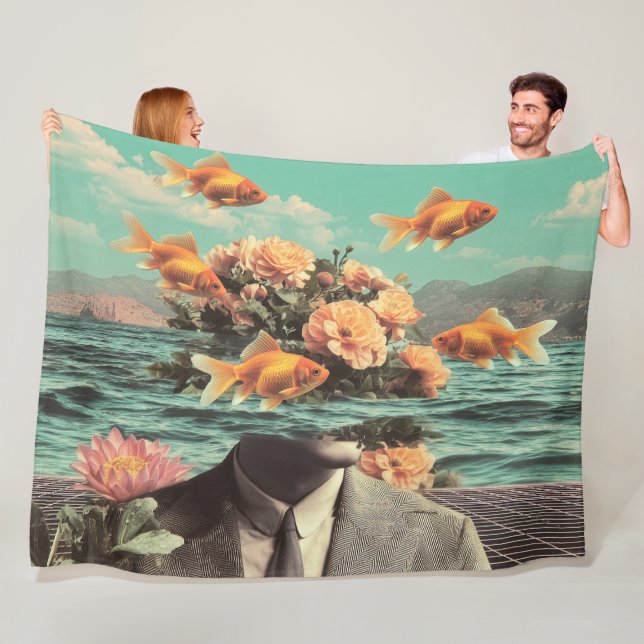 Surreal Portrait With Goldfish Flowers And Ocean Fleece Blanket (In Situ)