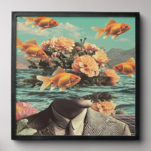 Surreal Portrait With Goldfish Flowers And Ocean Peel And Stick Photo Tile