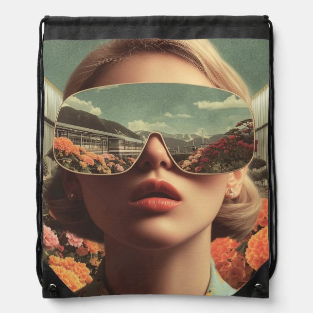 Surreal Portrait With Sunglasses Reflecting Flower Drawstring Bag (Front)