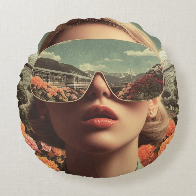 Surreal Portrait With Sunglasses Reflecting Flower Round Pillow (Front)
