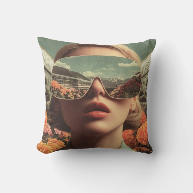 Surreal Portrait With Sunglasses Reflecting Flower Throw Pillow (Front)