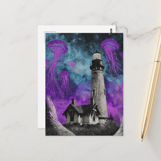 Surreal Purple Jellyfish and the Lighthouse Postcard (Front/Back In Situ)