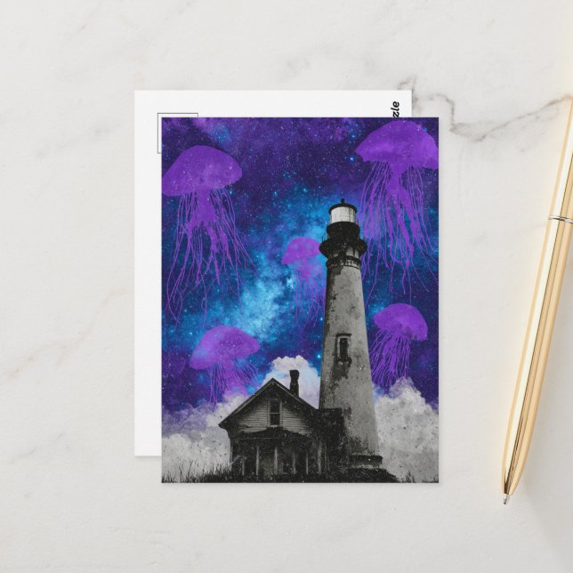Surreal Purple Jellyfish and Vintage Lighthouse Postcard (Front/Back In Situ)