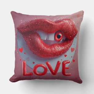 Surreal Red Lips with Eye and Love-Inspired Throw Pillow