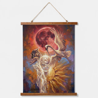 Surreal Red Moon & Crane Canvas Art – Symbolic Fan Hanging Tapestry