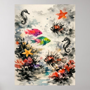 Surreal Reef Watercolor Wildlife Art Poster