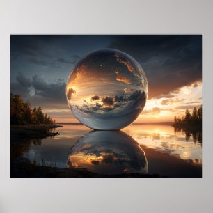 Surreal Reflective Sphere With Sunset Clouds Over  Poster