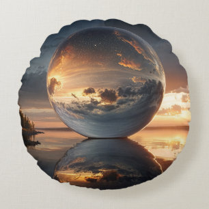 Surreal Reflective Sphere With Sunset Clouds Over Round Pillow