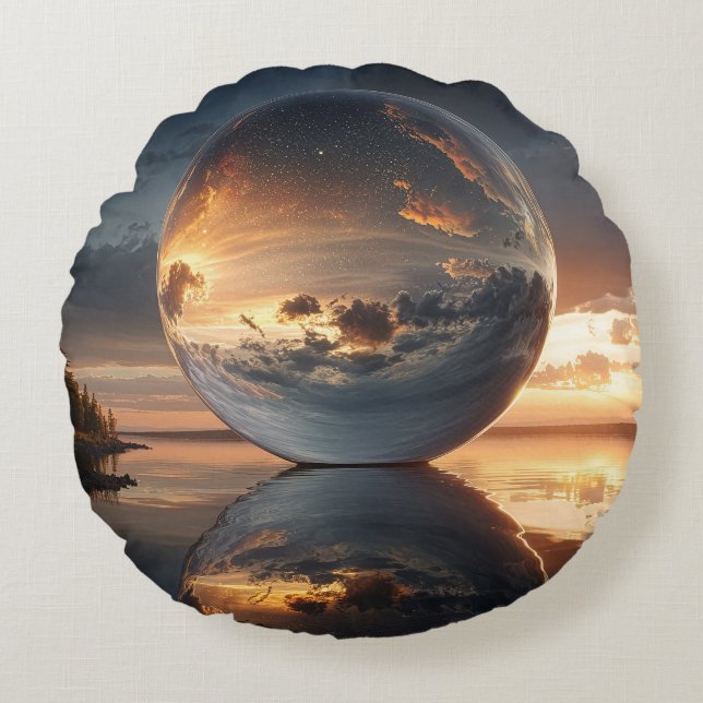 Surreal Reflective Sphere With Sunset Clouds Over  Round Pillow (Front)