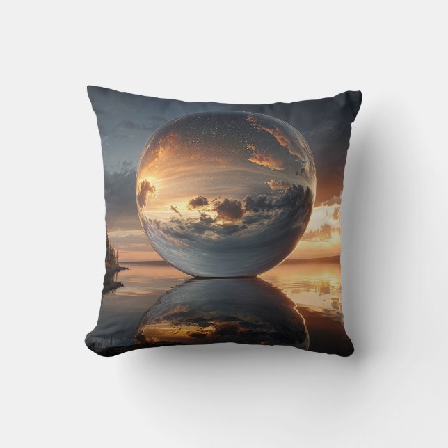 Surreal Reflective Sphere With Sunset Clouds Over  Throw Pillow (Front)