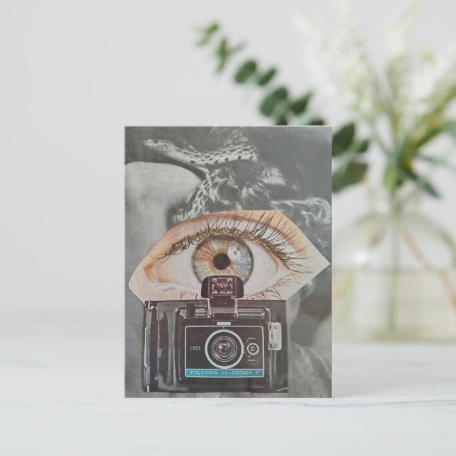 Surreal Retro Camera Eyeball and Snake collage art Postcard (Standing Front)