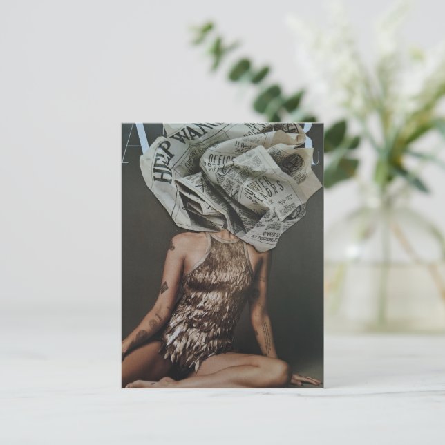 Surreal Retro Newspaper Flower Woman Collage Postcard (Standing Front)