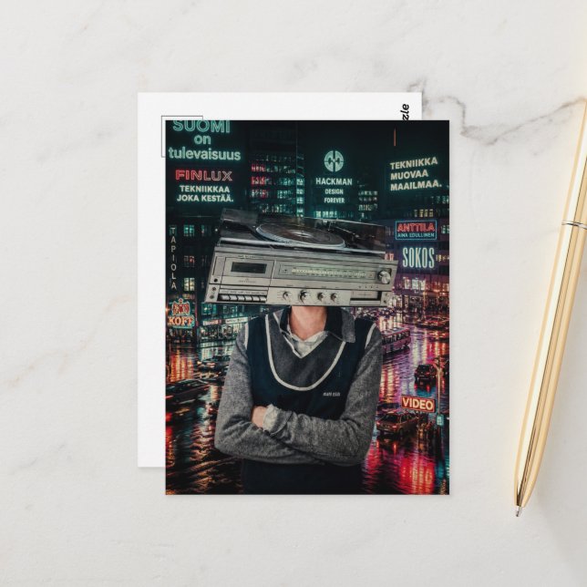 Surreal Retro Record Player Head in the City Postcard (Front/Back In Situ)