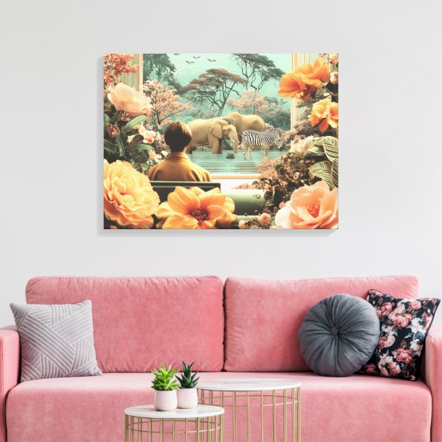 Surreal Safari Scene With Elephants Zebras Canvas Print (Insitu(LivingRoom))