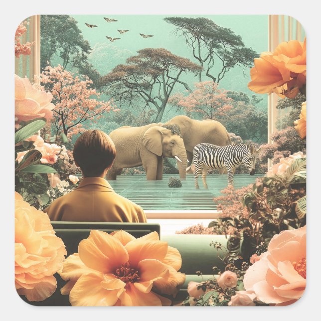 Surreal Safari Scene With Elephants Zebras Square Sticker (Front)