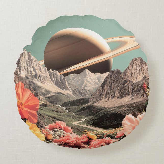 Surreal Saturn Over Mountain Valley Round Pillow (Front)