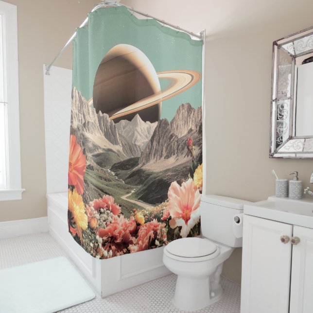 Surreal Saturn Over Mountain Valley Shower Curtain (In Situ)