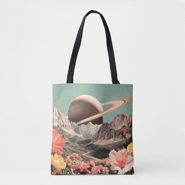 Surreal Saturn Over Mountain Valley Tote Bag (Front)
