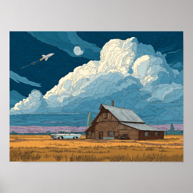 Surreal Sci-Fi Farm with Rocket Launch Illustratio Poster (Front)