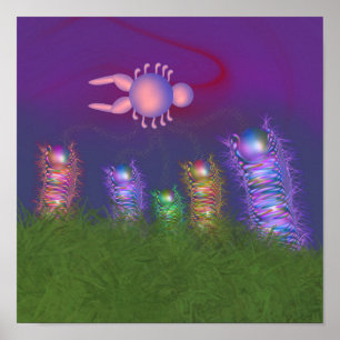 Surreal sci-fi organisms in a dreamlike field poster