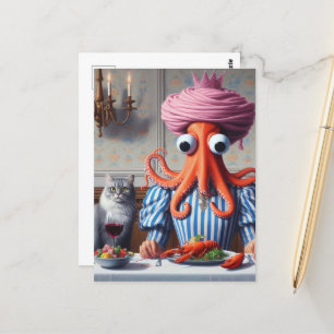 Surreal Seafood Meal Octopus Woman Pink Crown Postcard