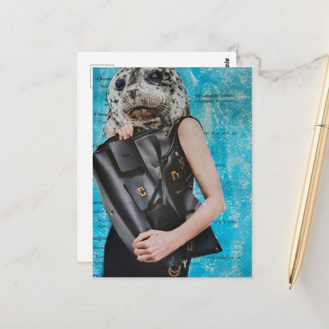 Surreal Seal With a Giant Black Purse Postcard (Front/Back In Situ)