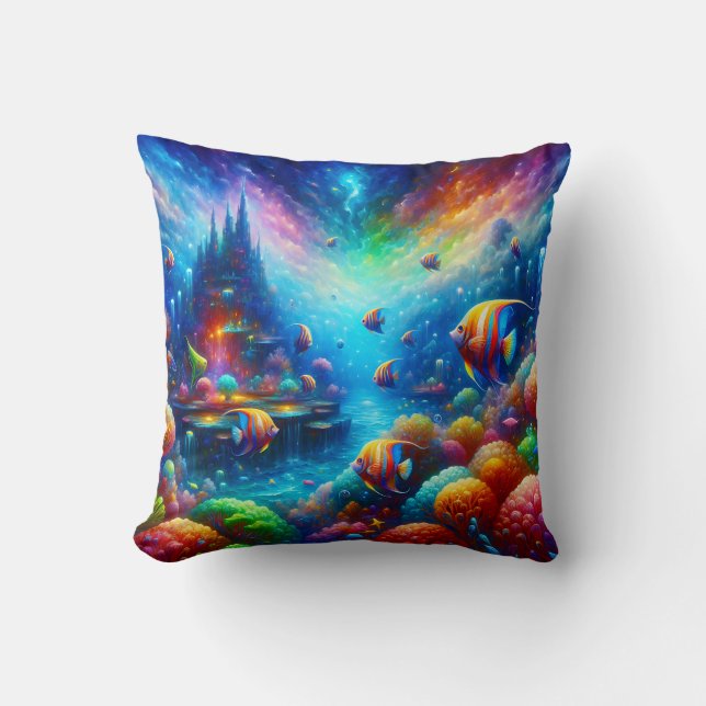 “Surreal Seascape: Aquatic Utopia Curtain” Throw Pillow (Front)