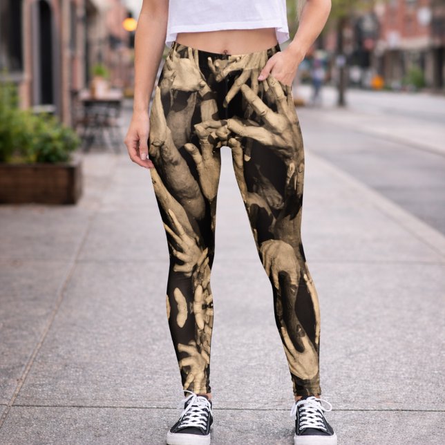 Surreal Sepia Hands Pattern Dark Artistic Design Leggings (Creator Uploaded)