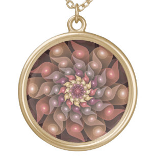 Surreal Shiny Flower Modern Abstract Fractal Art Gold Plated Necklace