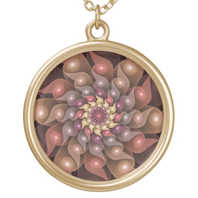 Surreal Shiny Flower Modern Abstract Fractal Art Gold Plated Necklace (Front)