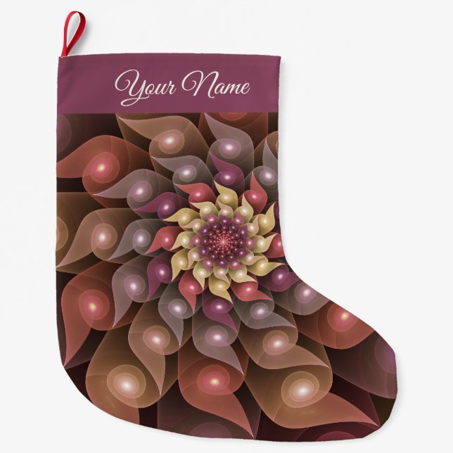 Surreal Shiny Flower Modern Abstract Fractal Name Large Christmas Stocking (Front)