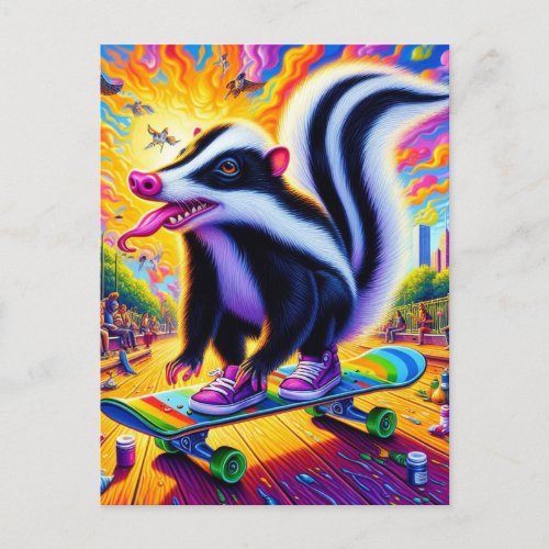 Surreal Skateboarding Skunk Postcard