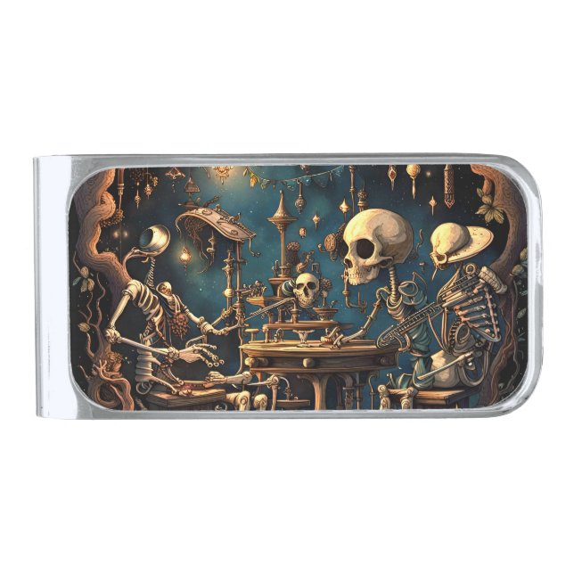 Surreal Skeletons III Silver Finish Money Clip (Front)