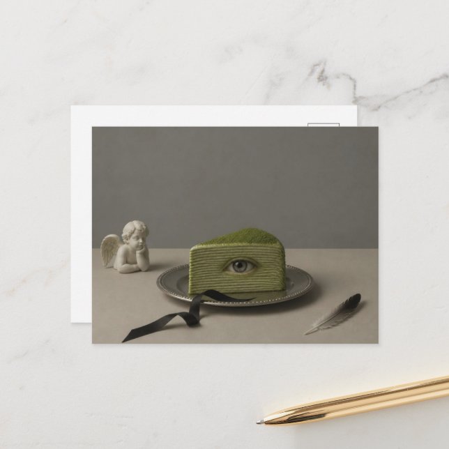 Surreal Slice of Matcha Cake With Eyeball  Postcard (Front/Back In Situ)