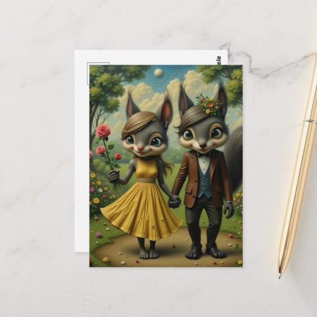 Surreal Squirrel Couple Walk in the Park Postcard (Front/Back In Situ)